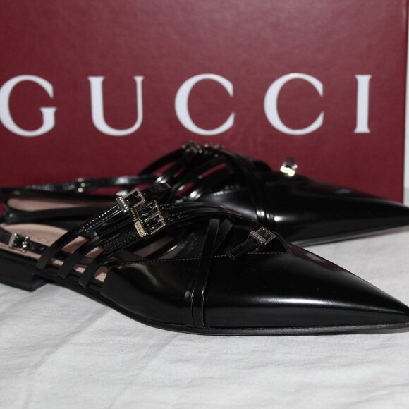 NWB Gucci Seraphine Strappy Buckle Pointed Toe Flats Slingback Black 39.5 796015 - Picture 2 of 9